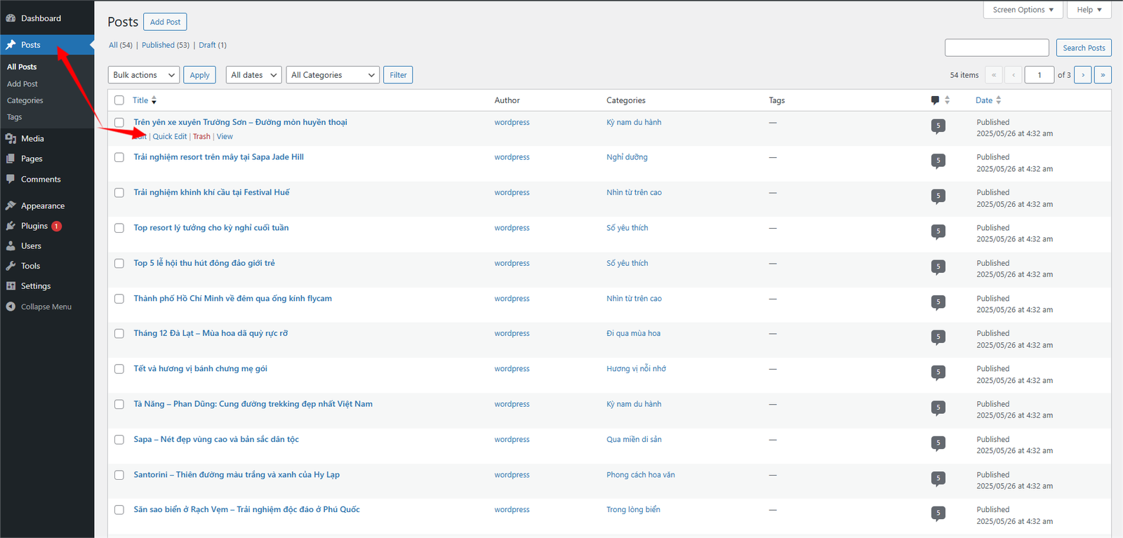 Thao tác mở một chỉnh sửa nhanh bài viết