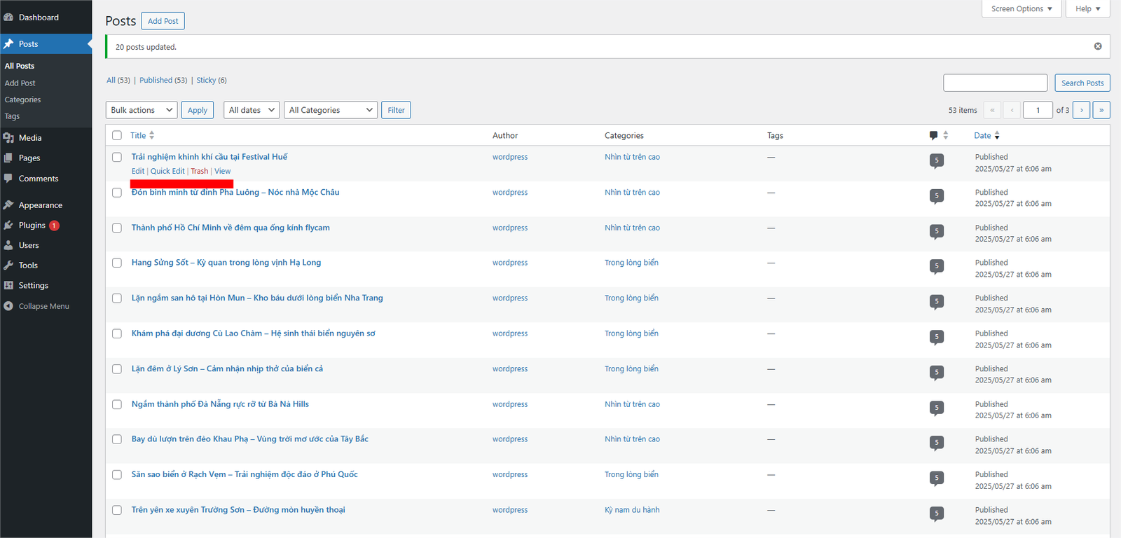 Thao tác hành động với bài viết