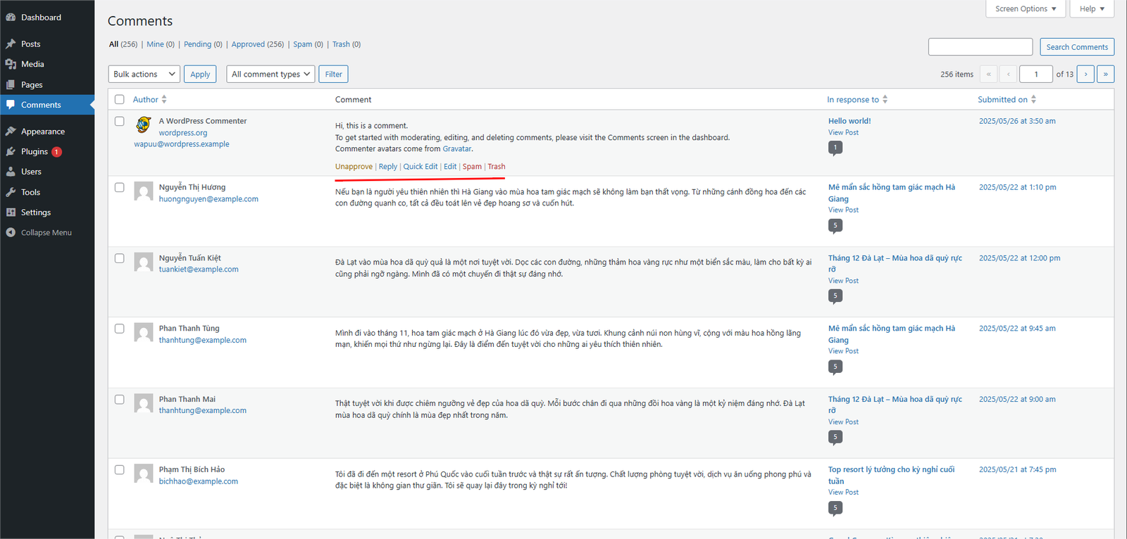 Giao diện quản lý bình luận WordPress